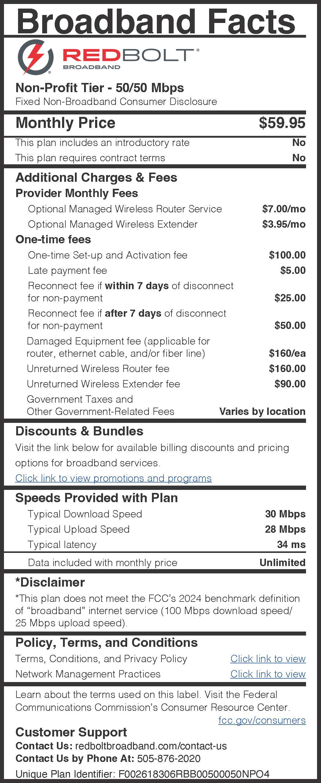 Red Bolt Non-profit Tier Broadband Nutrition Label