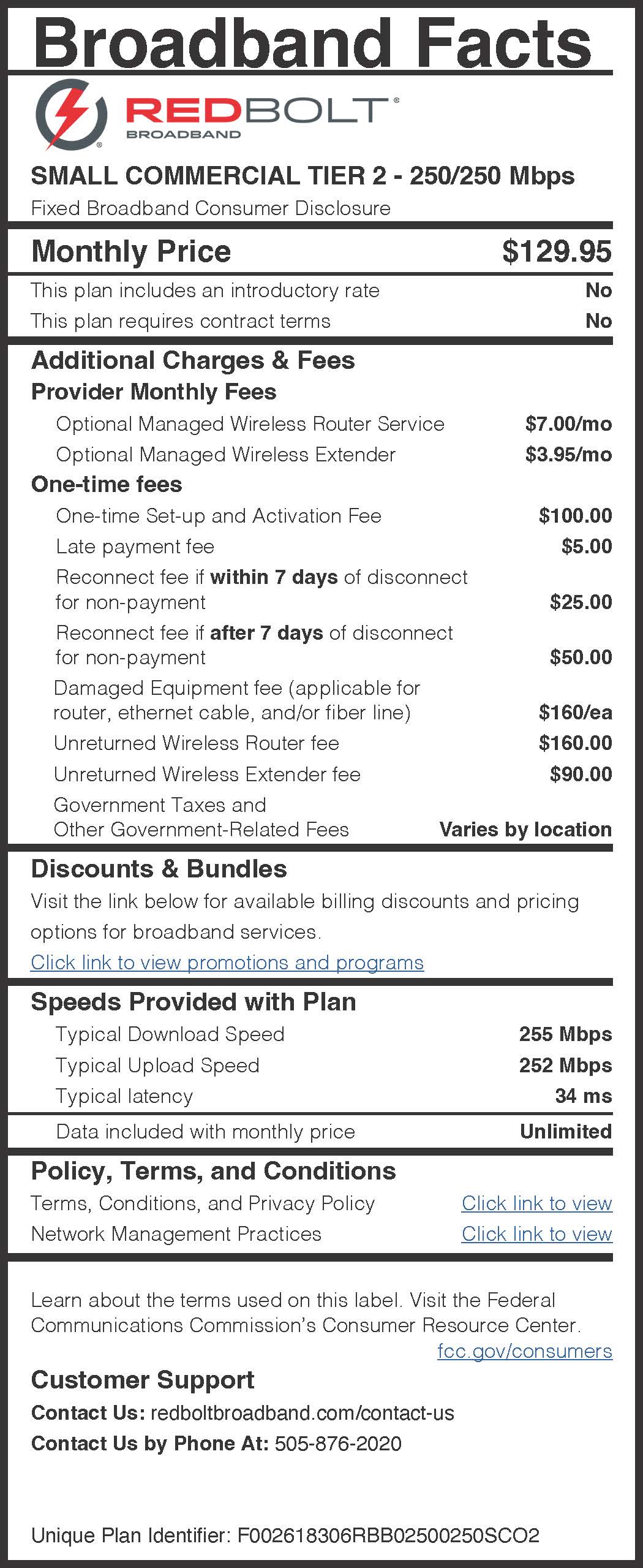 Red Bolt Small Commercial Tier 2 Broadband Nutrition Label