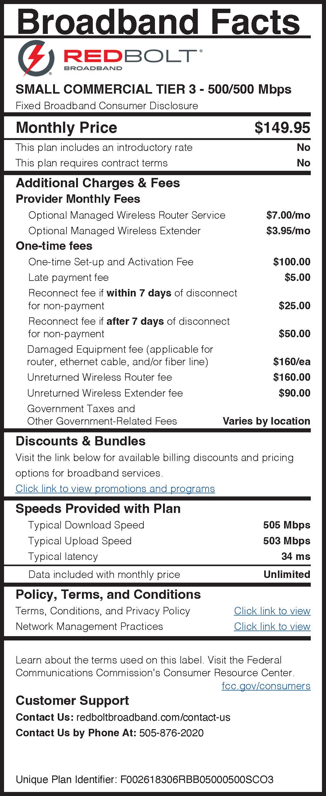 Red Bolt Small Commercial Tier 3 Broadband Nutrition Label