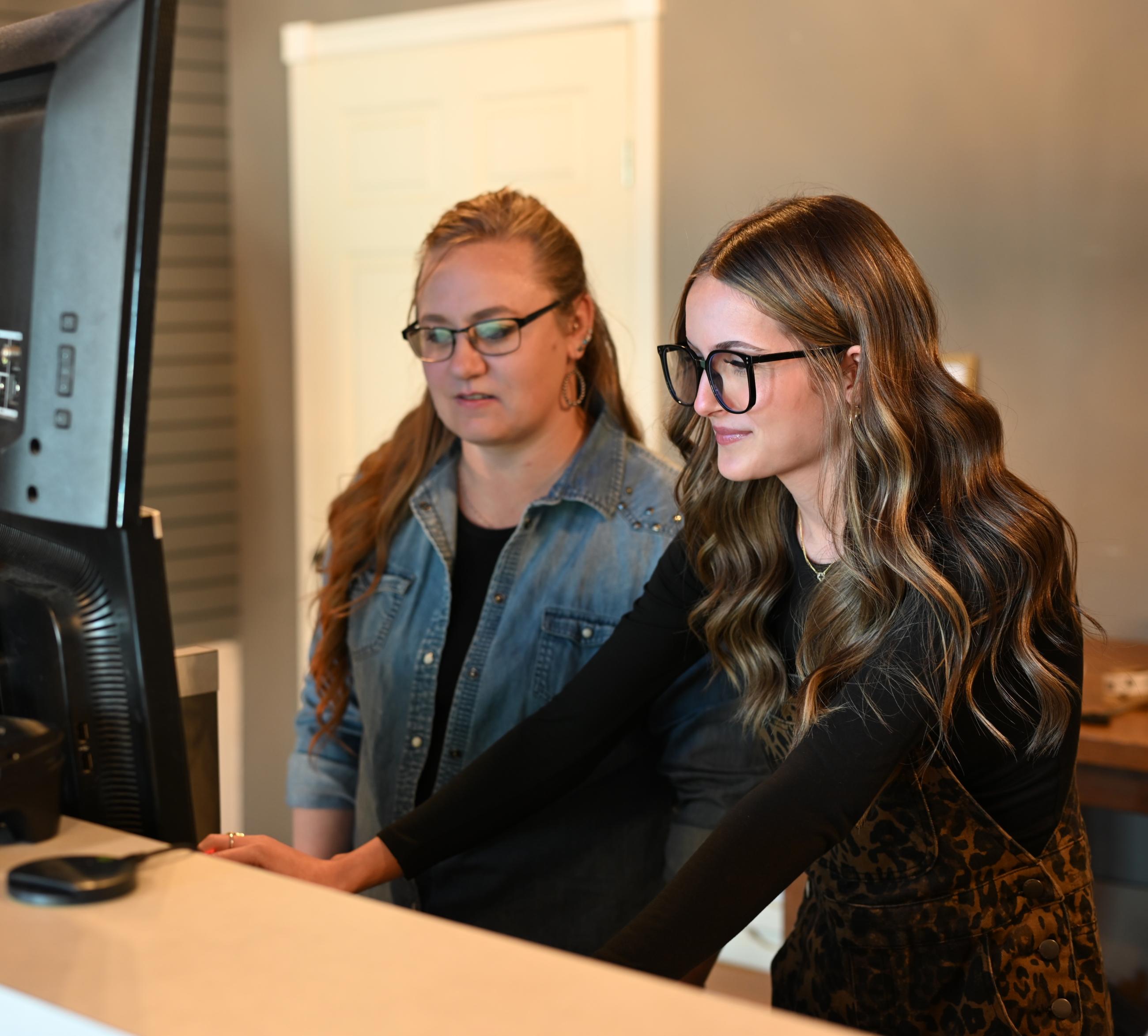 Two employees working on a computer